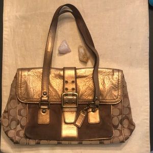 Coach Gold Signature Tote. Leather + Suede